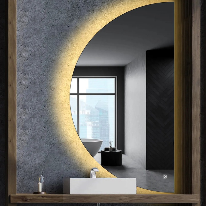 Oglinda LED 100x200 cm Semiluna Dreapta, LED 3000K Cald, Buton Tactil ON/OFF, Dimare - Reyze Gama Ambient