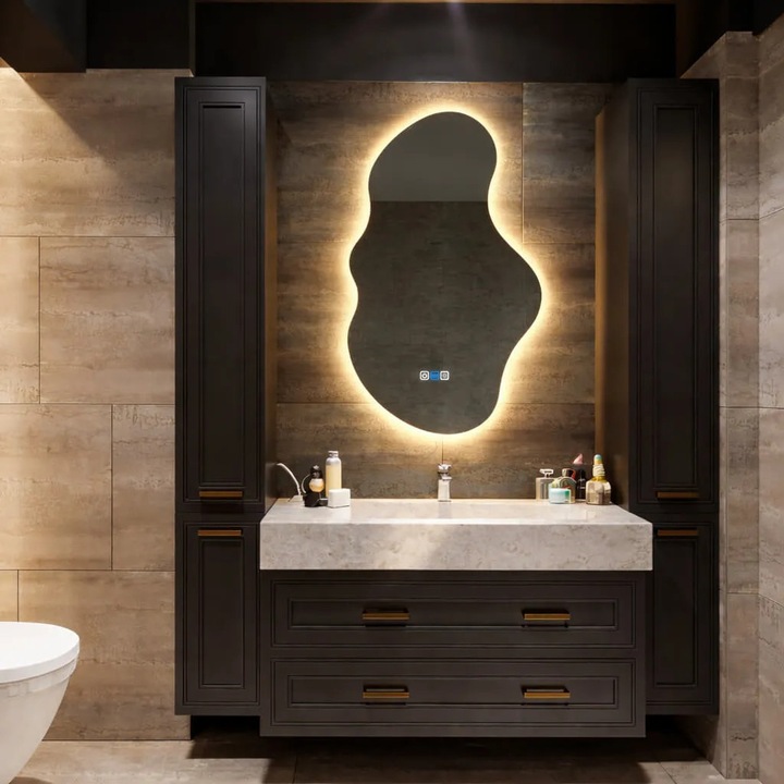 Oglinda LED 50x90 cm Asimetrica v3, LED 4000K Neutru, Butoane Tactile ON/OFF, Dimare, Functie Dezaburire 30-40° C - Reyze Gama Ambient