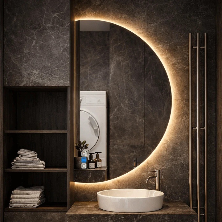 Oglinda LED 90x180 cm Semiluna Stanga, LED Reglabil, Butoane Tactile ON/OFF, Dimare, Functie Dezaburire 30-40° C - Reyze Gama Ambient