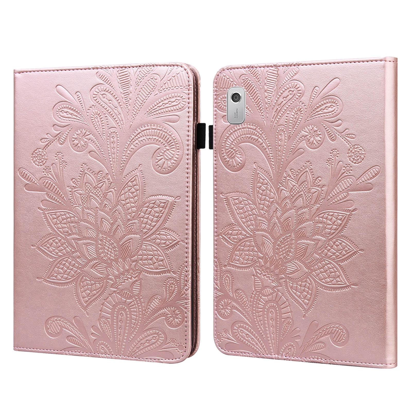Husa tableta pentru Lenovo Tab M9, piele cu model floral embosat, tip carte, suport, inchidere magnetica, aurie
