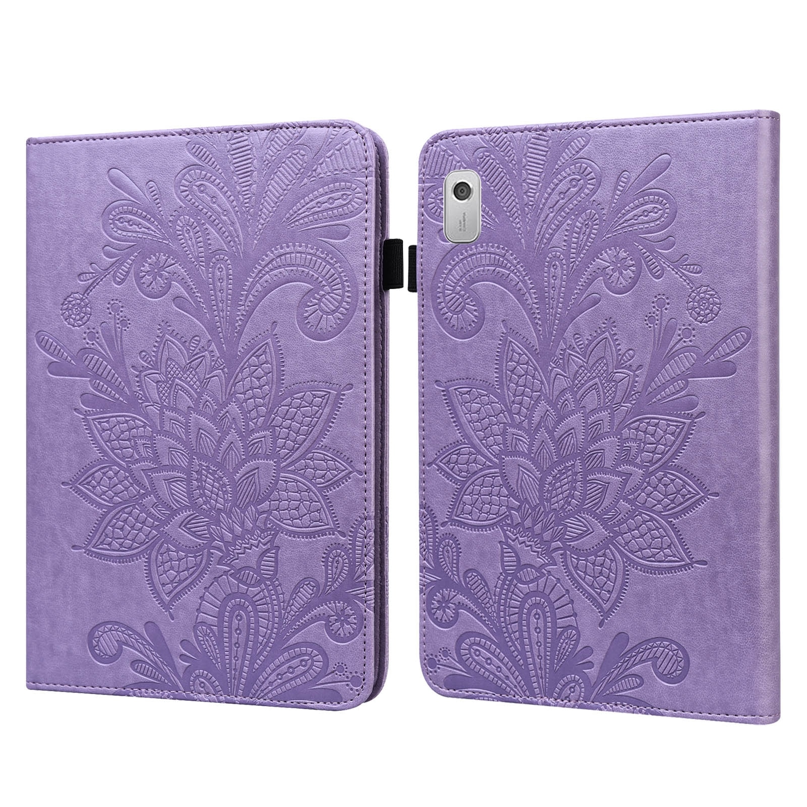Husa tableta pentru Lenovo Tab M9, piele cu model floral embosat, tip carte cu suport, inchidere magnetica, violet