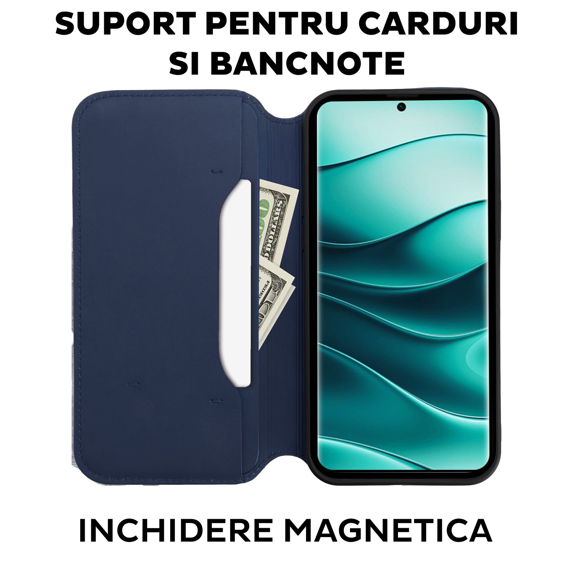 Husa pentru Xiaomi Redmi Note 14 Pro 5G / 14 Pro Plus 5G Daden Tip carte, Dual Pocket, Suport card, Functie de Stand si Inchidere Magnetica, Protectie Sporita, Albastru inchis