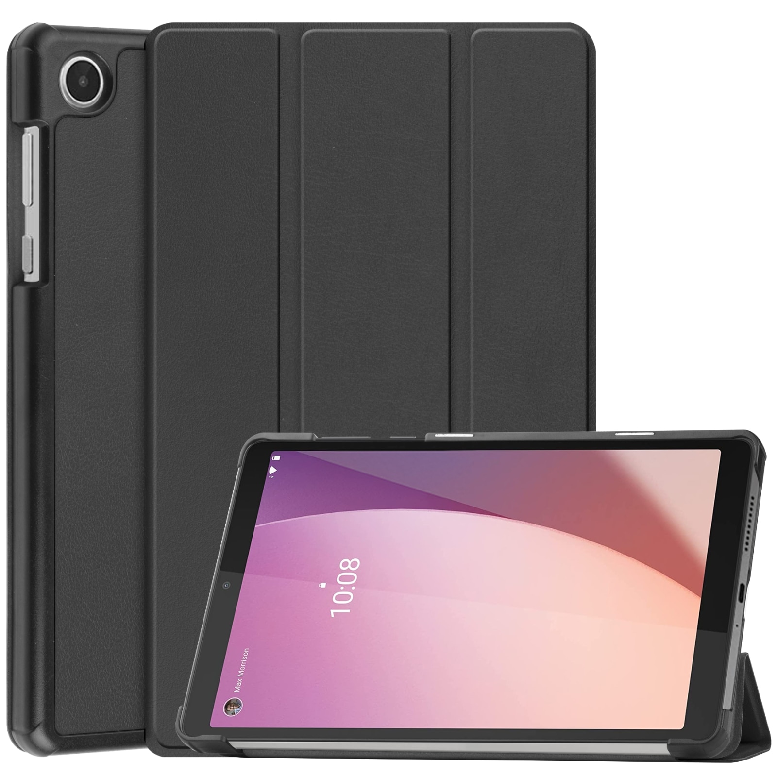 Husa tableta pentru Lenovo Tab M8 a 4-a generatie / TB-300FU, unicolor, stand cu 3 plieri din piele, Negru