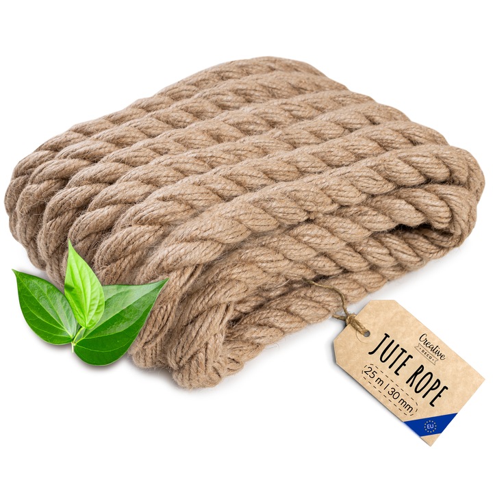 Sfoara din iuta Creative Deco 25m, grosime 30mm, franghie durabila impletita, maro natural, pentru DIY, gradinarit, stalpi pentru pisici