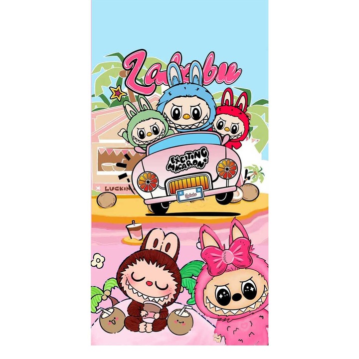 Хавлия за плаж Кингтекс Labubu 2, 70x140см, 60% памук 40% полиестер, Многоцветно