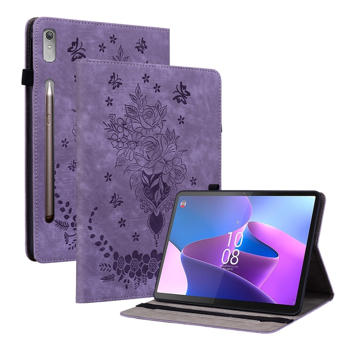Husa tableta pentru Lenovo Tab P11 Pro Gen 2, 11.2 inch, din piele embosata cu fluturi, violet