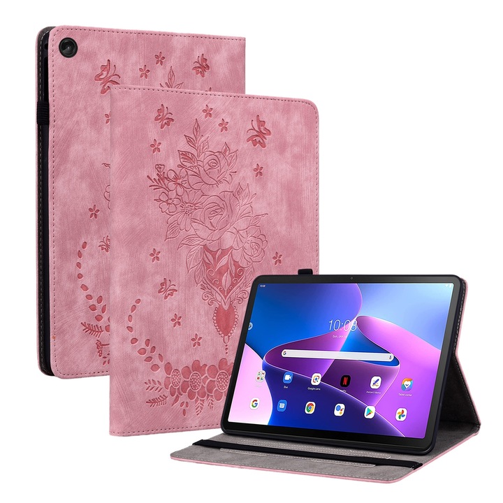 Lenovo Tab M10 10.1 3. generációs tablet tok, dombornyomott bőr pillangórózsákkal, könyv stílusú, mágneses záródású, rózsaszín