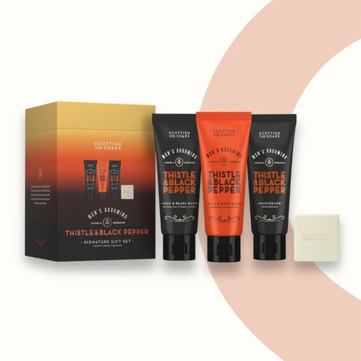 Подаръчен комплект за мъже Scottish Fine Soaps, Трън и Пипер, Thistle & Black Pepper, 4 части, с Измиващ гел, Шампоан, Крем и Сапун, Веган
