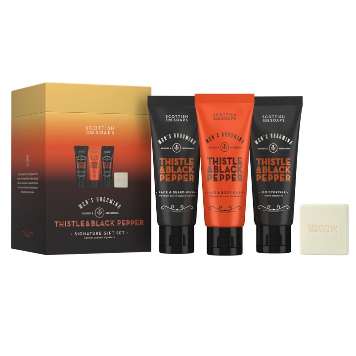 Set cadou Scottish Fine Soaps pentru barbati, Ciulin si Piper Negru, 4 piese, cu gel de spalare, sampon, crema si sapun, vegan