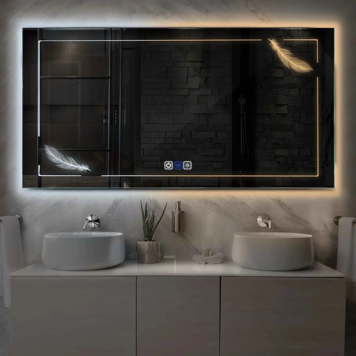 Oglinda LED 60x90 cm Orizontala, LED 3000K-6000K Dual, 3 Butoane Touch, Functie dezaburire 30°-40°, Temperatura LED Ajustabila - Reyze Gama Good Vibes Model LED 2