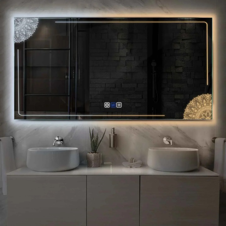 Oglinda LED 70x70 cm Orizontala, LED 3000K-6000K Dual, 3 Butoane Touch, Functie dezaburire 30°-40°, Temperatura LED Ajustabila - Reyze Gama Good Vibes Model LED 7