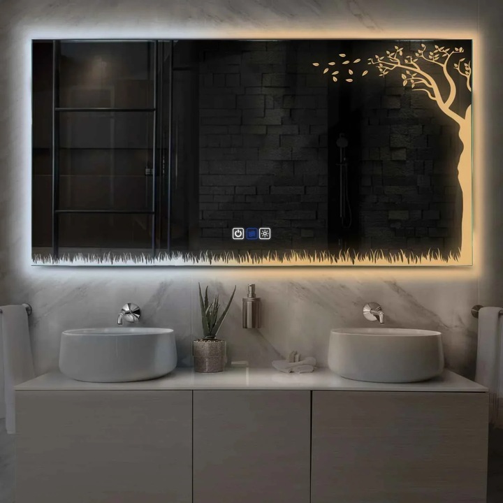 Oglinda LED 60x90 cm Orizontala, LED 3000K-6000K Dual, 3 Butoane Touch, Functie dezaburire 30°-40°, Temperatura LED Ajustabila - Reyze Gama Good Vibes Model LED 8