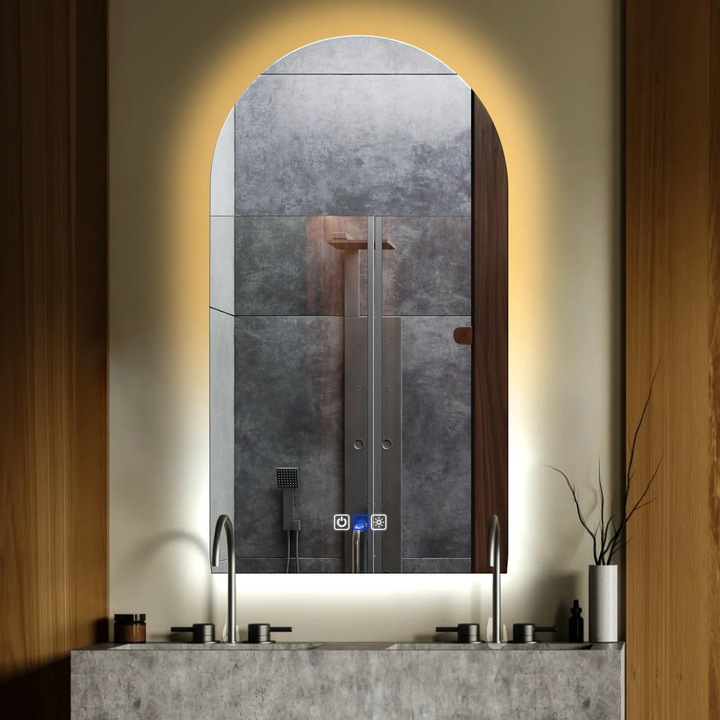 Oglinda LED 50x150 cm Semiovala 2, LED 3000K-6000K Dual, 3 Butoane Touch, Functie dezaburire 30°-40°, Temperatura LED Ajustabila - Reyze Gama Ambient Model LED 1