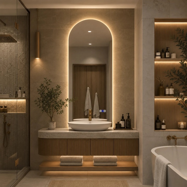 Oglinda LED 60x110 cm Semiovala v2, LED Reglabil, Butoane Tactile ON/OFF, Dimare, Functie Dezaburire 30-40° C - Reyze Gama Ambient