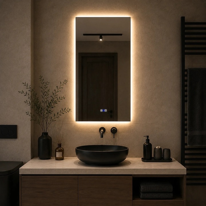 Oglinda LED 60x80 cm Verticala, LED Reglabil, Butoane Tactile ON/OFF, Dimare, Functie Dezaburire 30-40° C - Reyze Gama Ambient