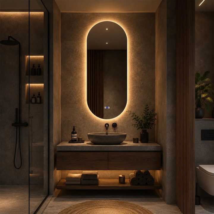 Oglinda LED 60x100 cm Ovala, LED Reglabil, Butoane Tactile ON/OFF, Dimare, Functie Dezaburire 30-40° C - Reyze Gama Ambient
