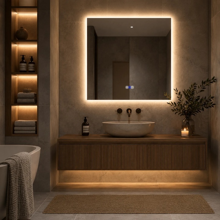 Oglinda LED 90x90 cm Patrata, LED Reglabil, Butoane Tactile ON/OFF, Dimare, Functie Dezaburire 30-40° C - Reyze Gama Ambient