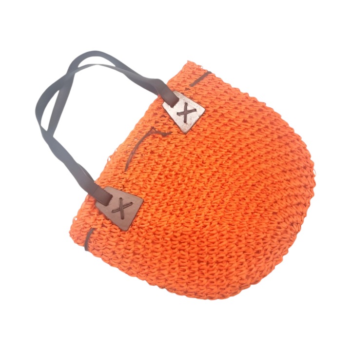 Geanta de Plaja Impletita Portocalie, 39 x 35 cm, Cu Maner din Piele