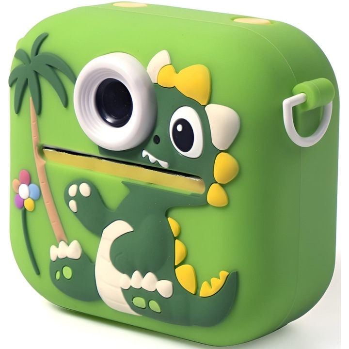Детска камера с печат, VALA® P9 Динозавър, Двойна предна и задна камера с автофокус, 48Mpx, 2.4" LCD дисплей, 3 ролки термохартия, 5 игри, Цветни маркери, Самозалепващи стикери, Включени връзка за носене и кабел за зареждане, Зелен