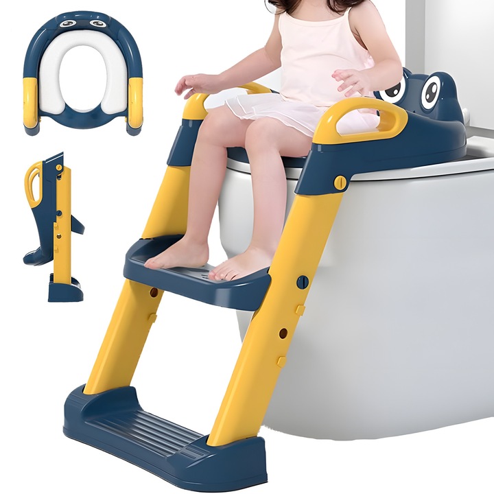Reductor WC copii Pitikot® cu scara si inaltator, Reglabil pe Inaltime, Pliabil si Portabil, Moale, Sigur si Confortabil, Prietenos cu Pielea, Manere de Sustinere, 2 Trepte, Design Universal si Ergonomic, Manere de Sustinere, Antiderapant, Albastru/Galben