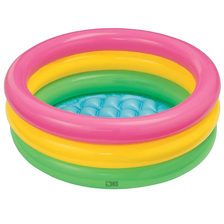 SIKS Кръгъл надуваем детски басейн за външен/вътрешен монтаж, с надуваема мека основа, размери 60 x 22 см, 3 надуваеми пръстена, бърз монтаж, винил, цвят дъга