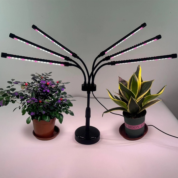 Lampa cu lumina Ultra-Violet pentru cresterea plantelor cu 4 capete, 30W, 108 LED-uri, Ajustabila, 68.5 cm, Lumina Violet