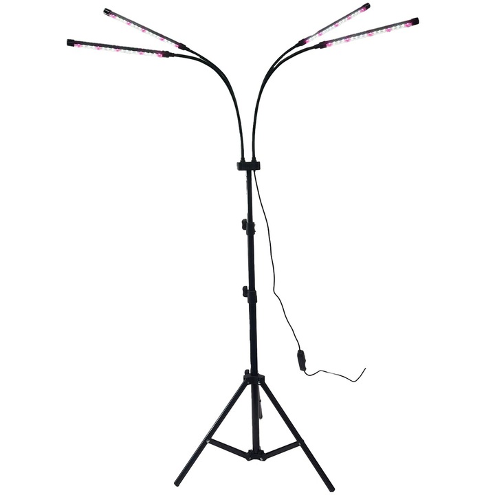 Lampa UV pentru cresterea plantelor, Flippy, 4 capete, putere 30W, 108 LED-uri Lampa cu lumina Ultra-Violet, Lampa cu Picior Ajustabil pana la 2 m, Lumina UV Alb Rece