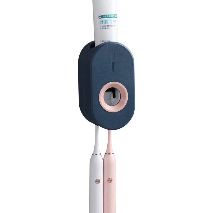 Higiénikus fogkrém adagoló beépített fogkefetartóval, kék, könnyen falra szerelhető