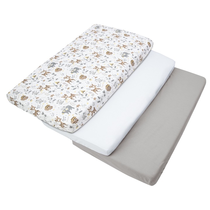 Set de 3 piese Cearsaf cu elastic pentru patut, Medi Partners, 60x120cm, Bumbac, Model de Cerb, Maro/Alb