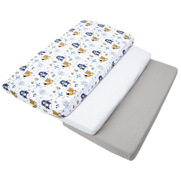 Set de 3 piese Cearsaf cu elastic pentru patut, Medi Partners, 60x120cm, Bumbac, Model de Animale Boho, Bej/Alb