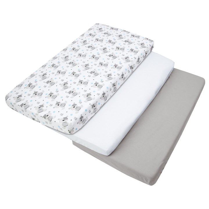 Set de 3 piese Cearsaf cu elastic pentru patut, Medi Partners, 60x120cm, Bumbac, Model de Ursulet, Albastru/Alb