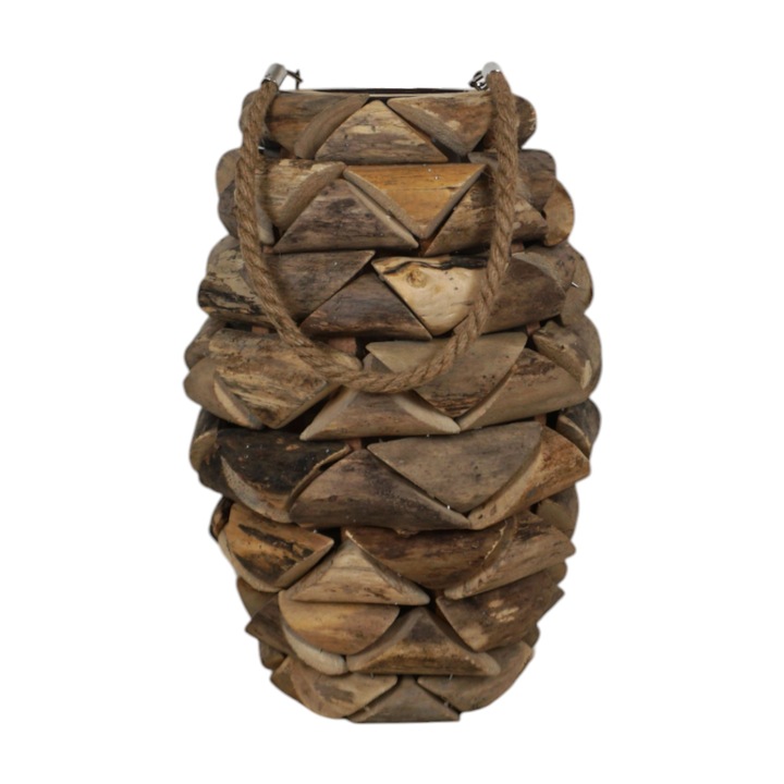 Felinar decorativ mare din lemn sculptat cu interior din sticla, 18 x 38 cm, model vintage cu sfoara