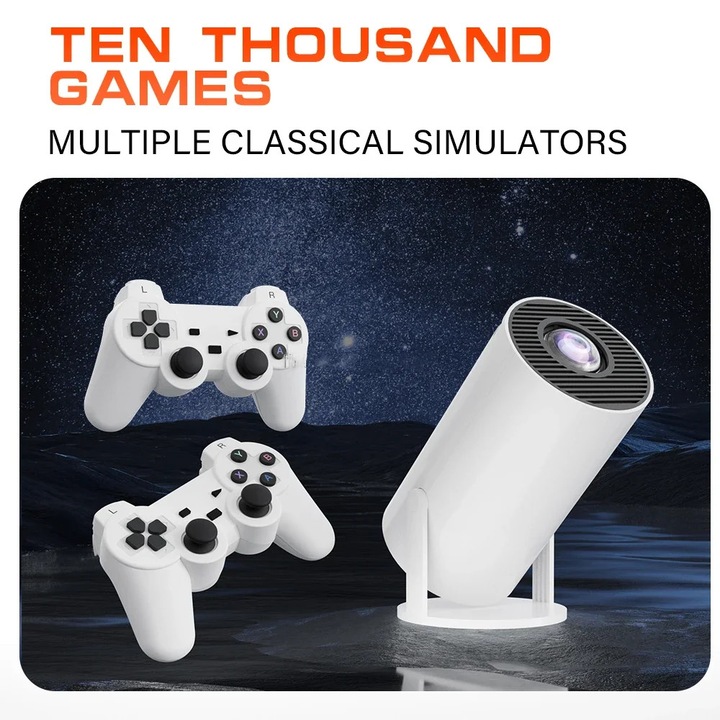 Videoproiector inteligent 4k cu consola gaming, VSM, Android TV 11.0, telecomanda, WiFi 6, Bluetooth 5.0, Ecran de proiectie 130 inch, Auto corectie imagine, Quad-core, 280 ANSI, Difuzor incorporat, HDMI, USB, Alb
