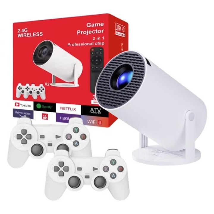 Videoproiector inteligent 4k cu consola gaming, VSM, Android TV 11.0, telecomanda, WiFi 6, Bluetooth 5.0, Ecran de proiectie 130 inch, Auto corectie imagine, Quad-core, 280 ANSI, Difuzor incorporat, HDMI, USB, Alb