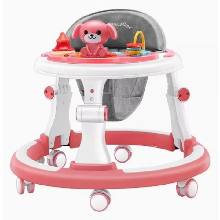 Premergator pentru copii Little Mom Pink, cu panou interactiv detasabil cu sunete si lumini, sezut cu spatar inalt, roti silentioase, prevazut cu maner de sustinere/impingere