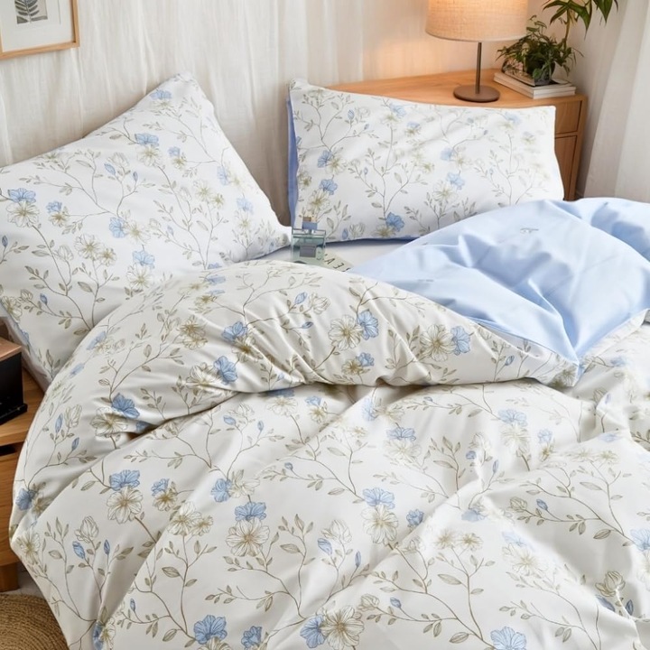 Nayoroom ágyneműhuzat szett, paplanhuzat 135 x 200 cm, párnahuzat 80 x 80 cm pamut, virágmintás, cipzáras, fehér és kék színű