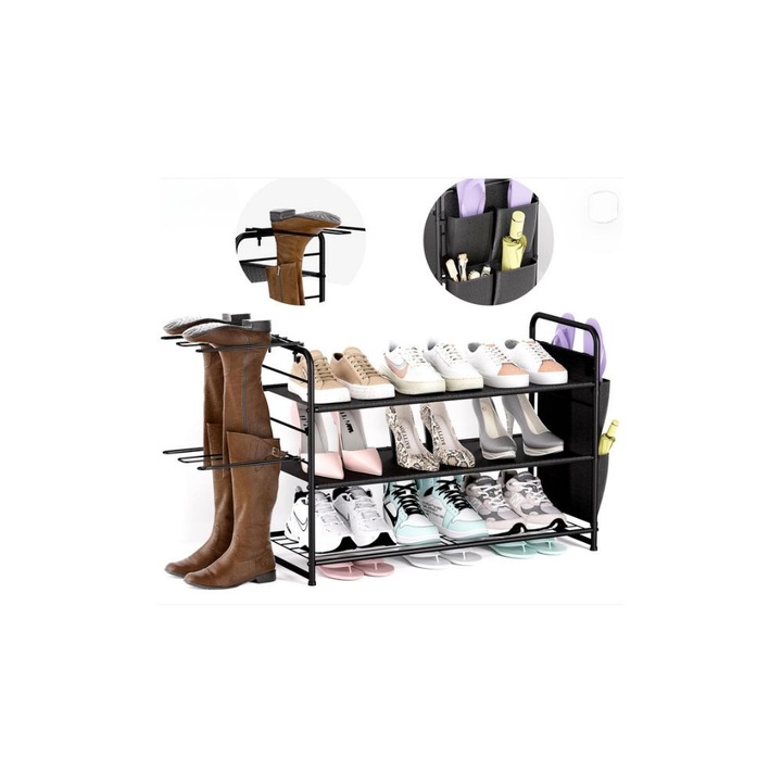 Pantofar modular, metalic negru, cu suport pentru depozitare cizme lungi si obiecte mici