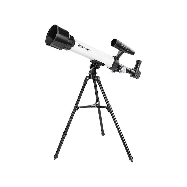 Telescop astronomic, 60X, distanta focala 500mm, ocular 30X/60X, se poate conecta la telefonul mobil, rotatie 360°, explora cerul instelat, cu trepied, alb-negru