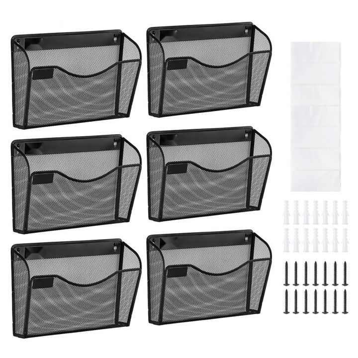 Suport pentru documente, dosare, mape, 6 piese, montat pe perete, metalic, model plasa, negru