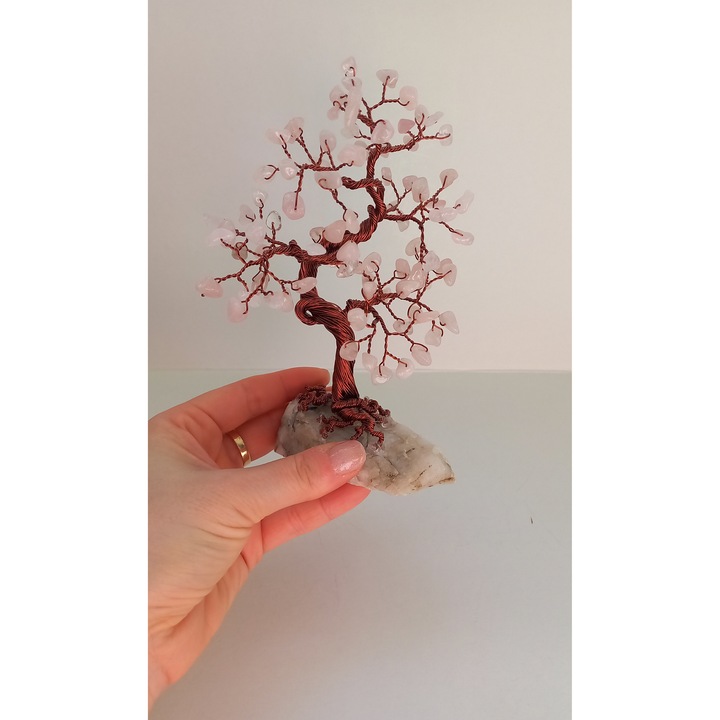 Copacel bonsai, handmade din cristale de Cuart roz si sarma de cupru, 16 cm