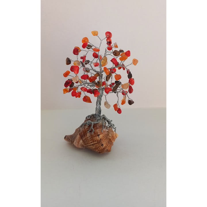 Copacel handmade din cristale de Carneol, Coral rosu si Ochi de tigru montat pe melc de mare, 14 cm