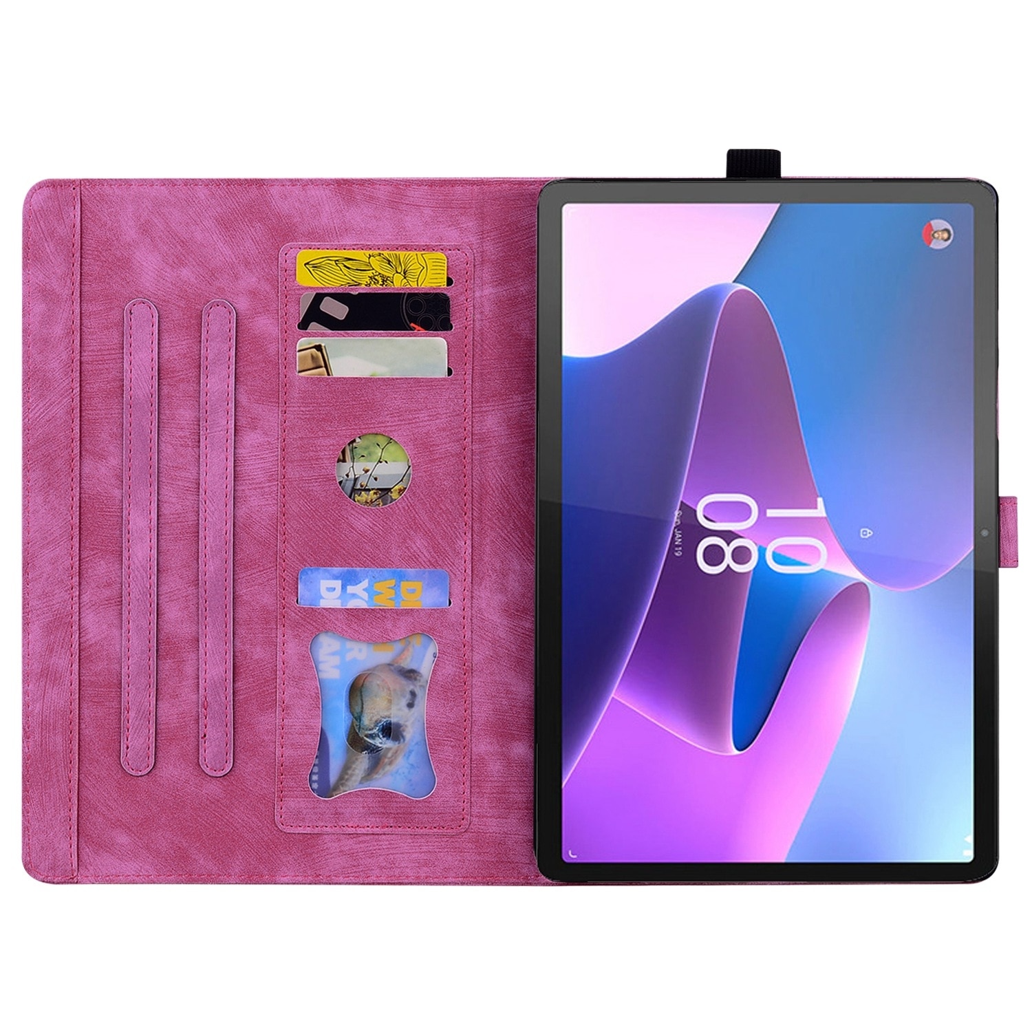 Husa tableta pentru Lenovo Tab P12 12.7, piele gravata cu imagine de pisica sakura, roz pal