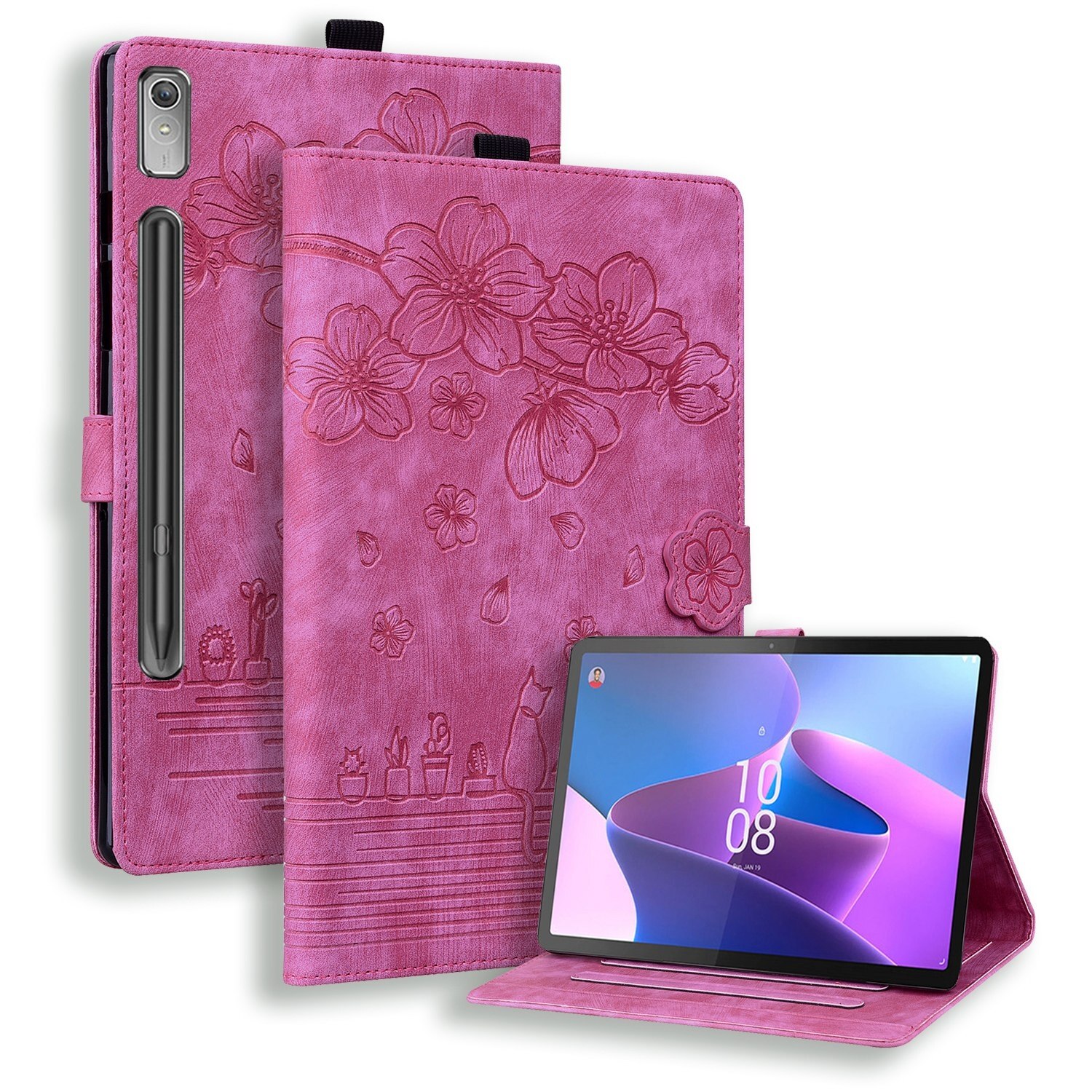 Husa tableta pentru Lenovo Tab P12 12.7, piele gravata cu imagine de pisica sakura, roz pal