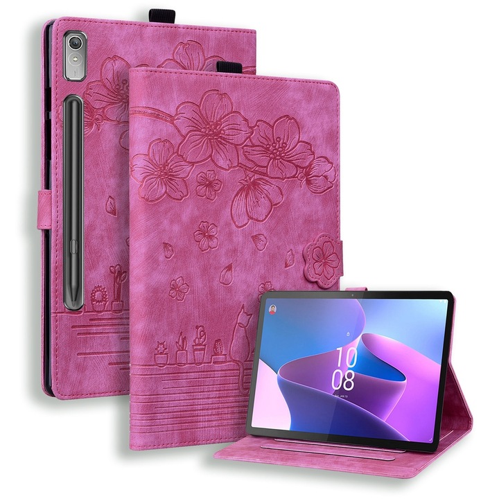 Husa tableta pentru Lenovo Tab P12 12.7, piele gravata cu imagine de pisica sakura, roz pal