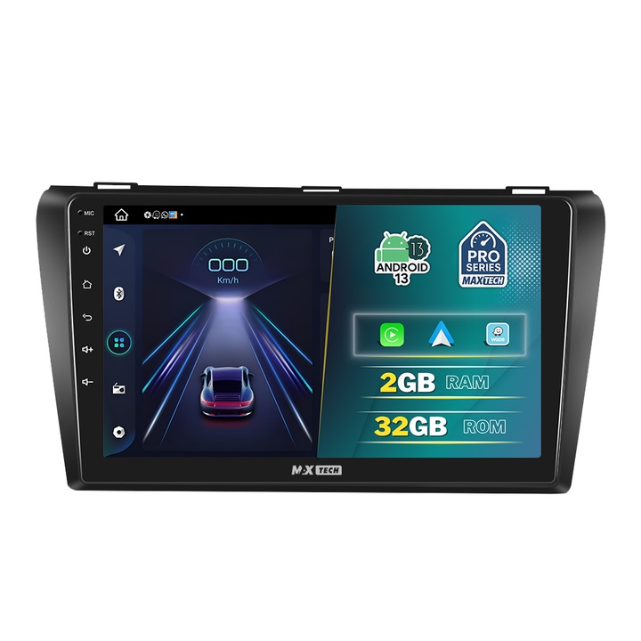 Mazda 3 2006-2012 navigációs rendszer, MaxTech® PRO SZÉRIA, 2 GB RAM 32 GB ROM, Carplay és Android Auto, 9" HD érintőképernyő, GPS, Wifi, Bluetooth, Rádió, USB, EQ, DSP, Waze, Youtube, Google Play