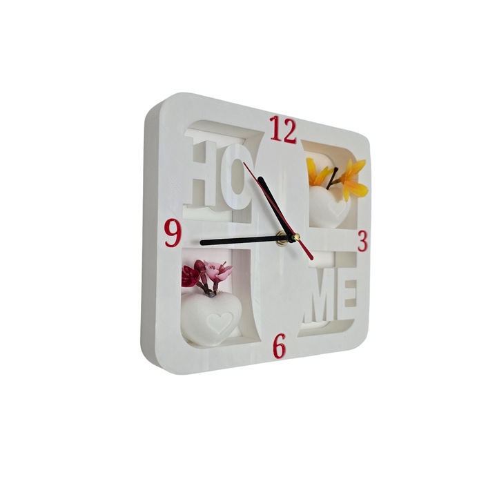 Decoratiune, "HOME" Alba cu ceas integrat si cu 2 vaze in forma de inimioare care pot tine flori false sau uscate