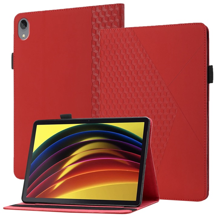Husa tableta pentru Lenovo Tab P11 J606F, piele cu textura romboidala, design flip orizontal, sloturi pentru carduri si suport, rosu