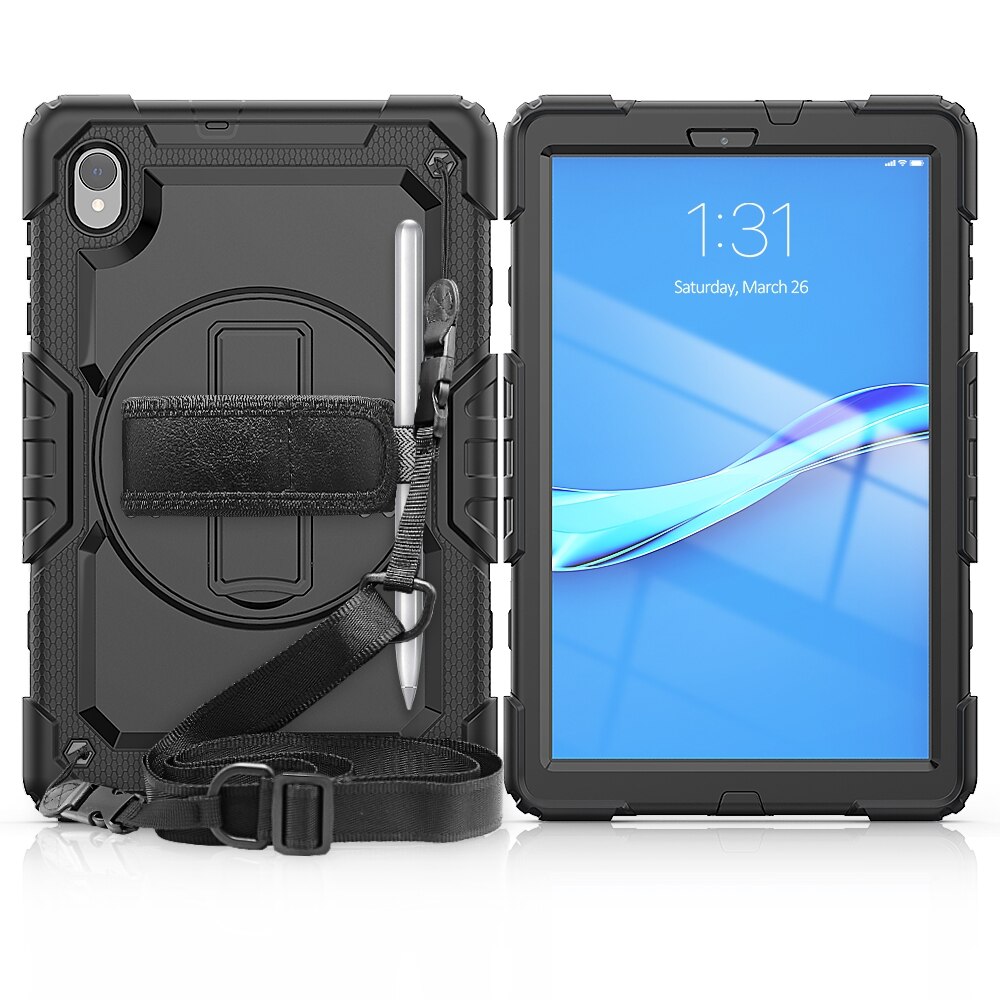 Husa tableta pentru Lenovo Tab M10 HD TB-X306X, silicon + PC, protectie anti-soc, suport + curea umar + curea mana, Negru
