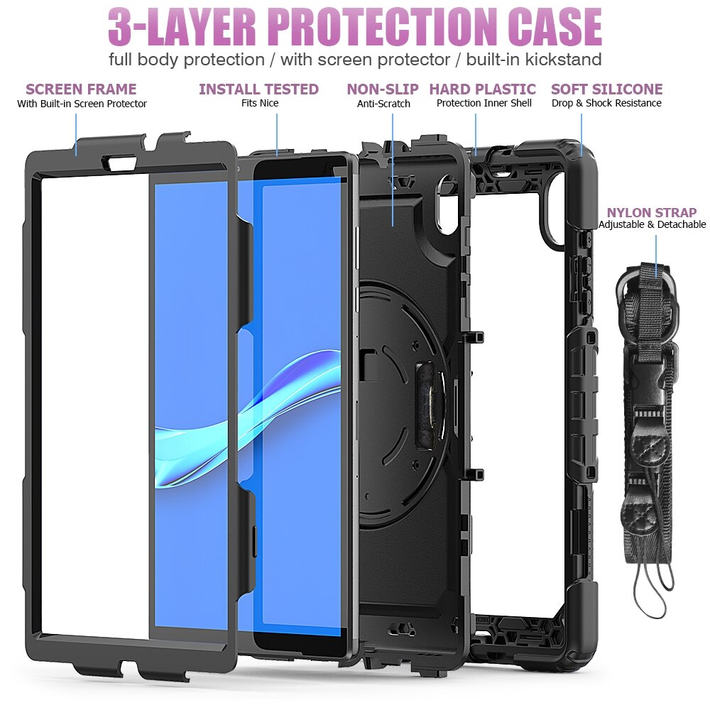 Husa tableta pentru Lenovo Tab M10 HD TB-X306X, silicon + PC, protectie anti-soc, suport + curea umar + curea mana, Negru