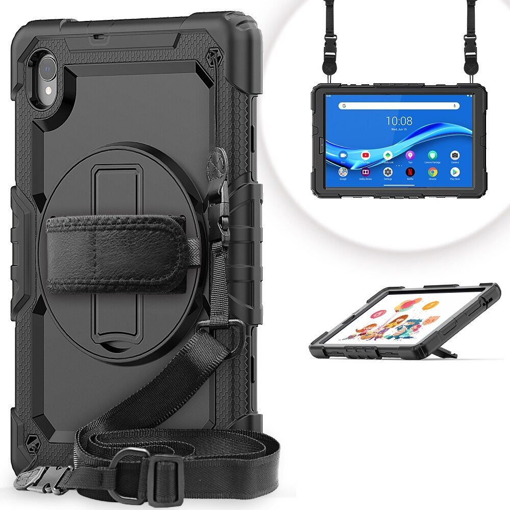Husa tableta pentru Lenovo Tab M10 HD TB-X306X, silicon + PC, protectie anti-soc, suport + curea umar + curea mana, Negru